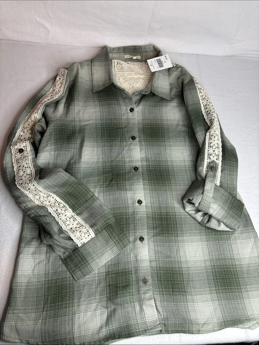 Women’s Green Plaid Button-Down Shirt with Lace Trim
